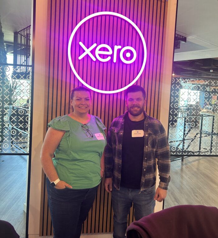 Photo of Angelica Ferentinos from the Whitings LLP Ely office with Daniel Walker from the St Neots Whitings LLP office at the Xero Making Tax Digital for Income Tax event